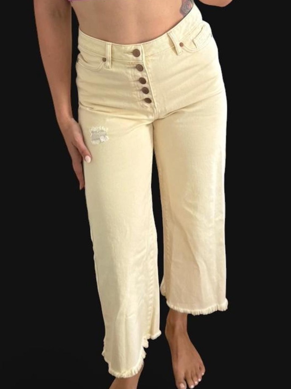 Easel Wide Leg Cropped Cream Jeans